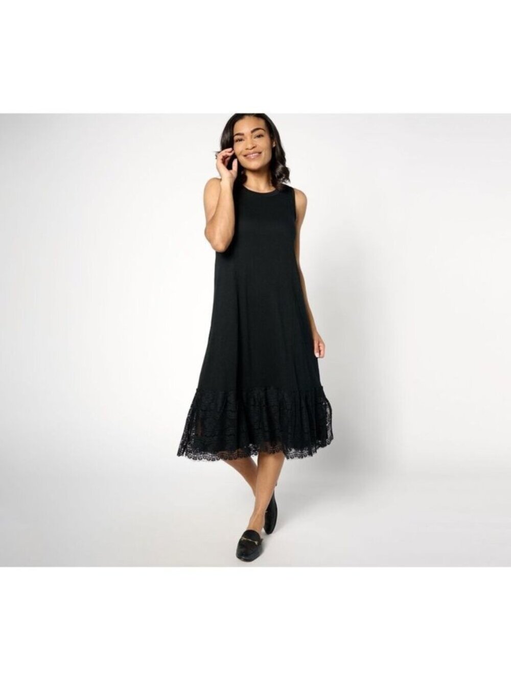 LOGO by Lori Goldstein Linens Dress sz L Knit Crochet Lace Black A644346